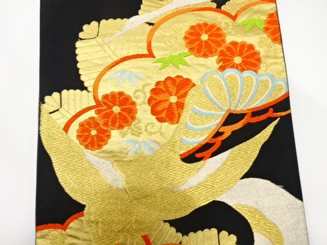 ⭕️nekosan 7399149: JAPANESE KIMONO / ANTIQUE FUKURO OBI / SILK / WOVEN CRANE
